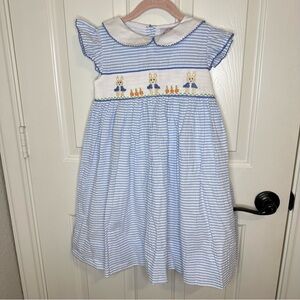 Southern Smocked Company Blue White Storybook Rabbit Smocked Classic Dress Sz 7